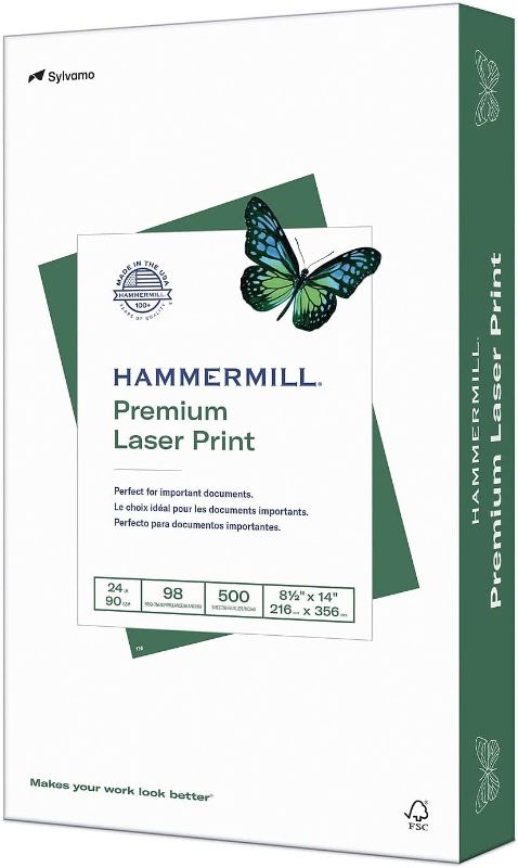 Photo 1 of Hammermill Printer Paper, Premium Laser Print 24 lb, 8.5 x 14-1 Ream (500 Sheets) - 98 Bright, Made in the USA, 104612