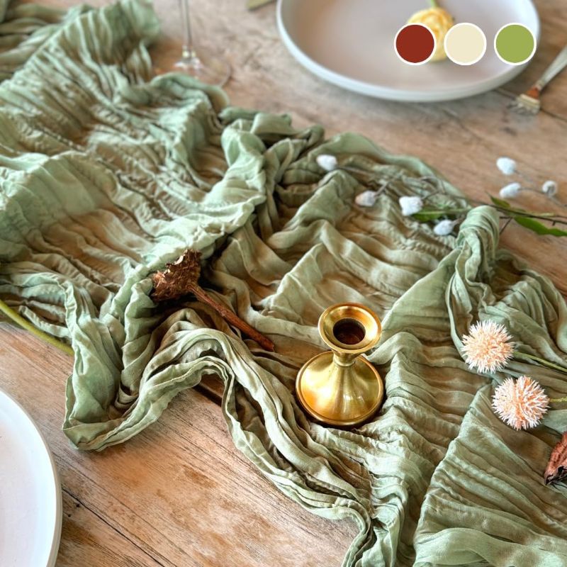 Photo 1 of 10 ft Cheesecloth Table Runner  - 35 x 120 inches Sage Green Table Runner for Rustic Boho Wedding, Bridal Shower, and Birthday Party***USED**** 