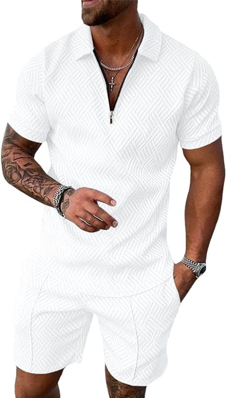 Photo 1 of Aulemen Mens 2 Piece Zip Tracksuit Short Sleeve Print Polo Shirt and Shorts Sets Summer Outfits for Men 4XL