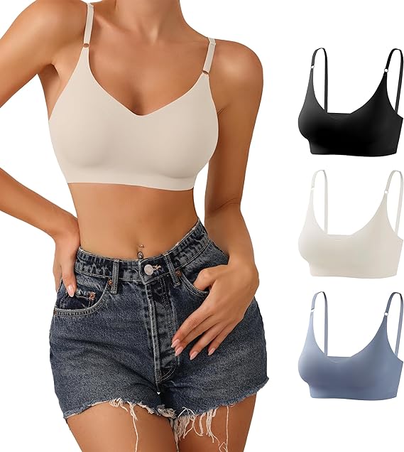 Photo 1 of DEANGELMON V Neck Bralettes Padded Seamless Adjustable Straps Bra Everyday Basic Sleeping Bras 3P2 LARGE SIZE