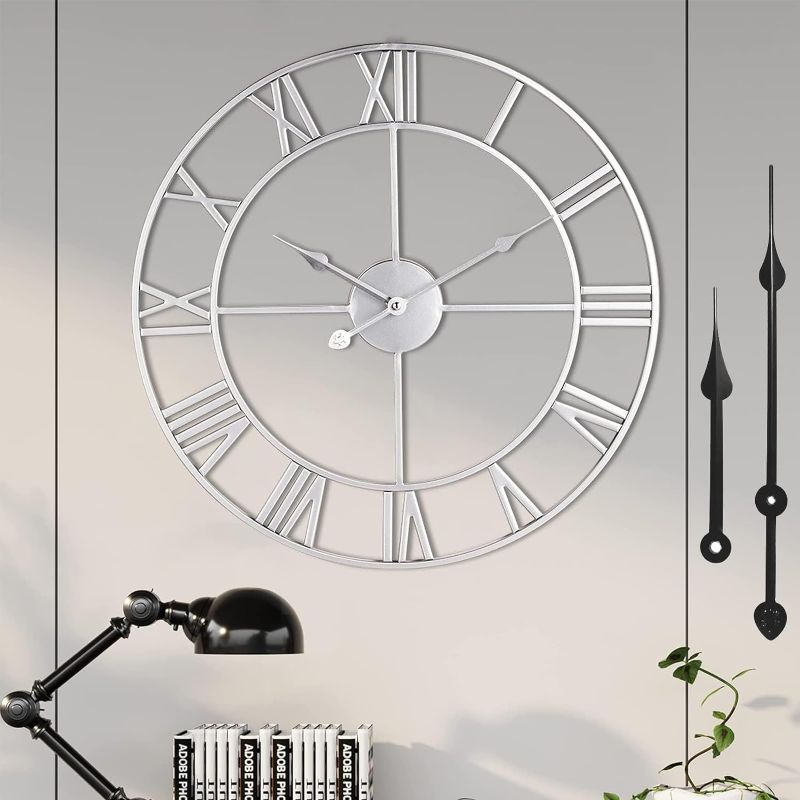 Photo 1 of 1st owned Large Wall Clock Silent Non-Ticking Roman Numerals Vintage Battery Operated (24 inch,18inch,16inch) Farmhouse Wall Clock for Living Room, Bedroom, Kitchen, Cafe Decor-Silver 40CM