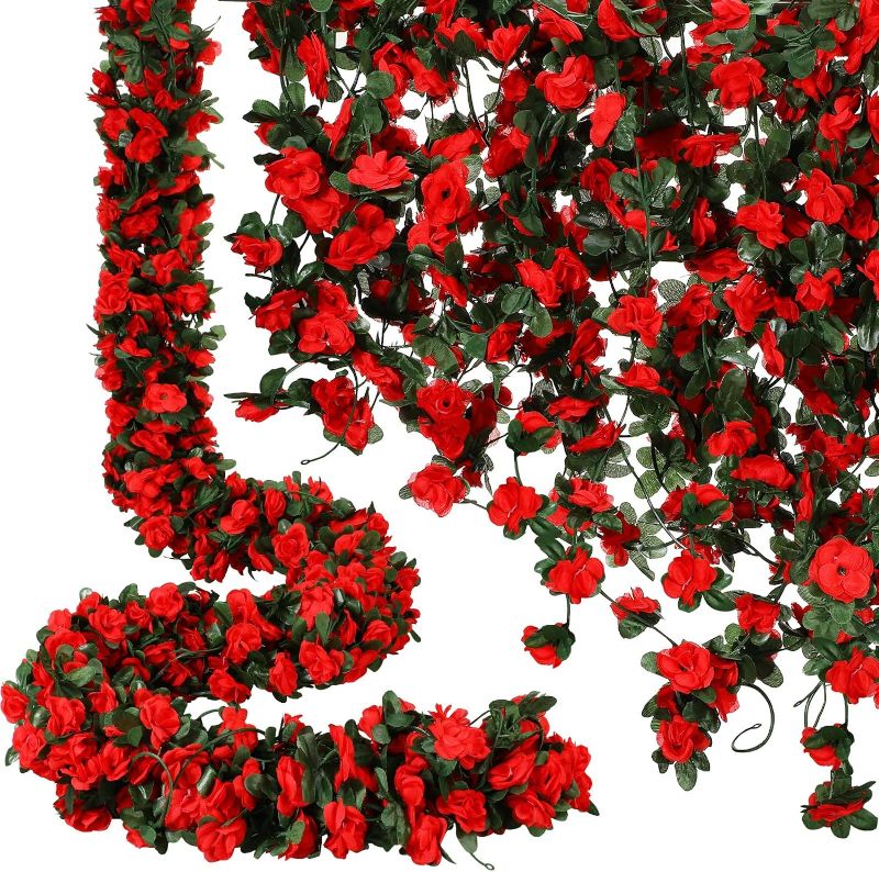 Photo 1 of 12 PCS 100 ft Flower Garland Flower Vines Artificial Rose Vines Hanging Fake Flower Wall Decor Garden Flower Vines Ivy Garlands for Decor with Flowers for Wedding Party Valentines Craft (Red)