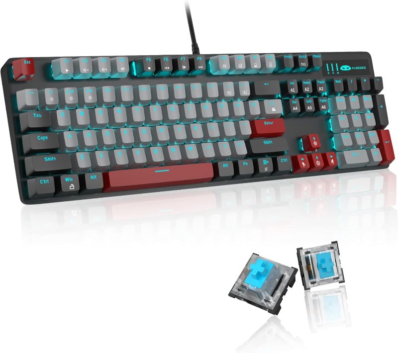 Photo 1 of MageGee Mechanical Gaming Keyboard, New Upgraded 104 Keys Blue Backlit Keyboard with Blue Switches, USB Wired Mechanical Computer Keyboard for Laptop, Desktop, PC Gamers(Black & Gray)