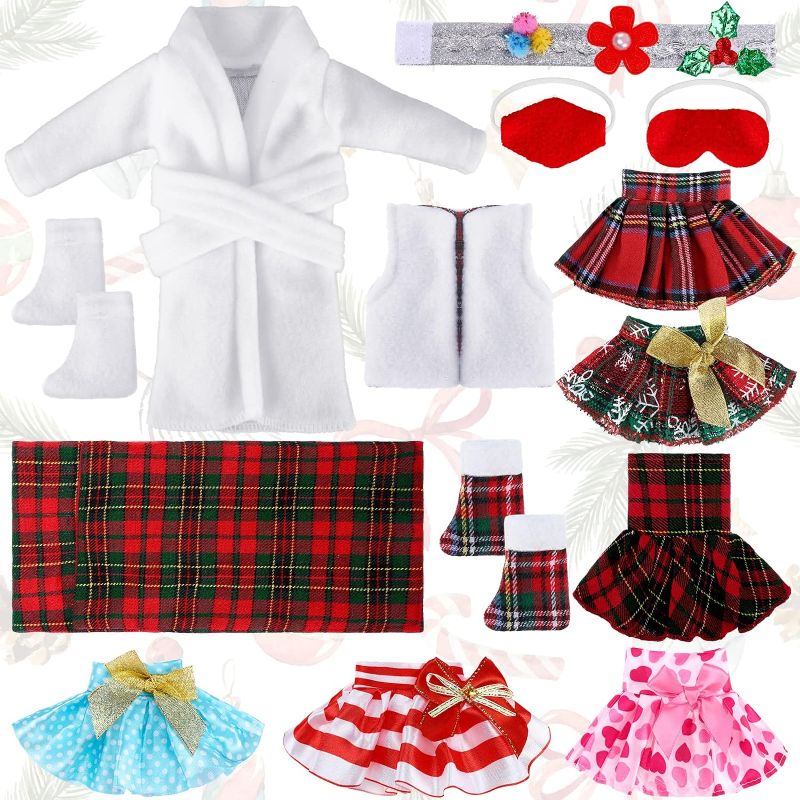 Photo 1 of 14 Pieces Christmas Elf on Clothes Elf Accessories Christmas Elves Clothes Including Skirts, Bathrobe, Christmas Sleeping Bag, Fluffy Vest, Shirt, Dot Scarf and Boots (Cute Style)