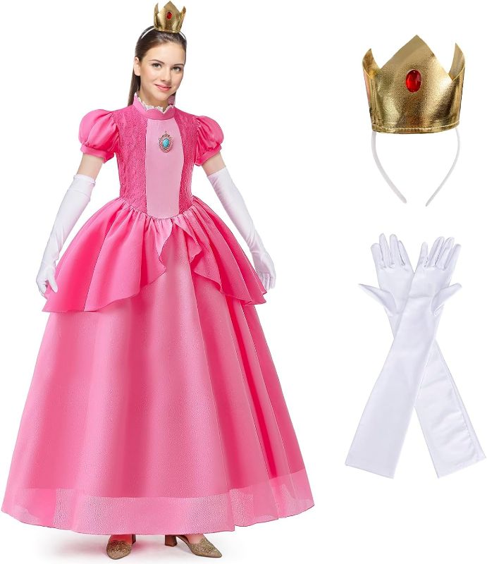 Photo 1 of Atchca Princess Peach Dress Women Girls Peach Halloween Cosplay Costume Girls-150(Height:55-59Inch) Pink