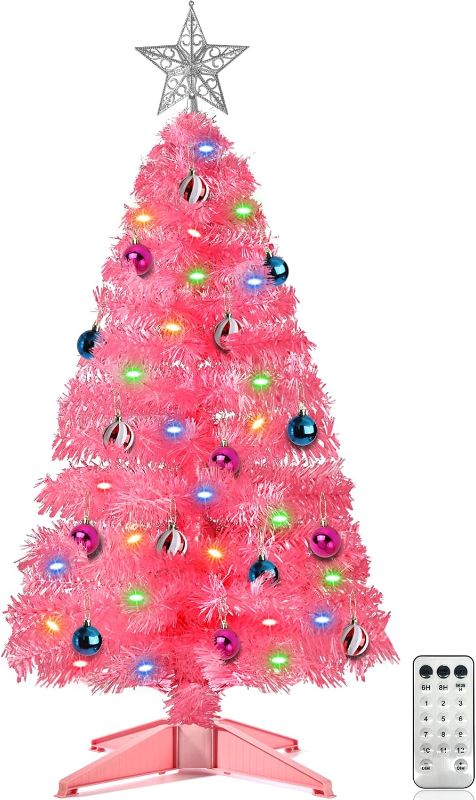 Photo 1 of [ 12 Modes & Remote Control ] SURCVIO 3 Ft Christmas Tree with Timer 50 Four Color LED Lights DIY 15 Ball Ornaments Star Artificial Pencil Full Xmas Tree Indoor Outdoor Home Holiday Decorations (Pink)
