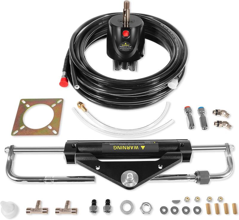 Photo 1 of 150HP Hydraulic Outboard Steering Kit - Complete Marine System with Built-in Two-Way Lock Cylinder, 150 HP Helm Pump and 26ft Hydraulic Steering Hose for Single Station, Single-Engine Boats
