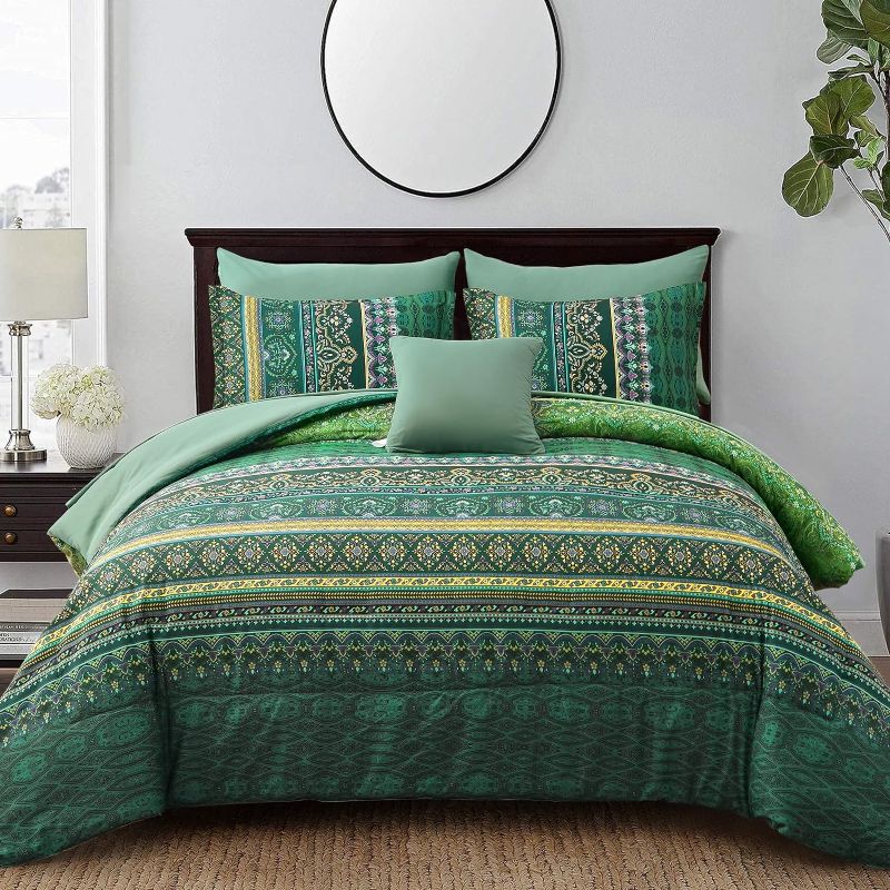 Photo 1 of \Boho Green Comforter Set ,8 Piece Bed in a Bag Bohemian Striped Bedding Quilt Set,Dark Green Paisley Floral Comforter and Sheet Set,Soft Microfiber Complete Bedding Sets for All Season
