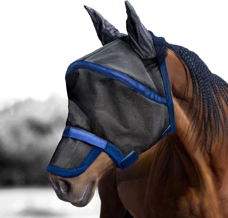 Photo 1 of Harrison Howard Maskology Supreme Horse Fly Mask Stellar UV Protection with Detachable Nose Cover Well-Received 2-in-1 Mask Navy M Cob
