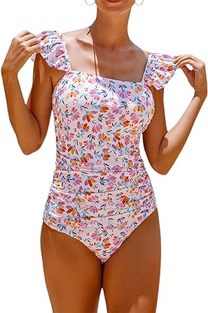 Photo 1 of Hilinker Women's Ruffle Shoulder One Piece Bathing Suit Belted Leopard Color Block Swimsuit
