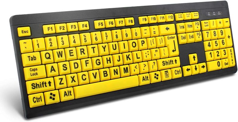 Photo 1 of BOOGIIO Large Print Computer Keyboard, Wired USB High Contrast Keyboard with Oversized Print Letters for Visually Impaired Low Vision Individuals (Yellow+Black)