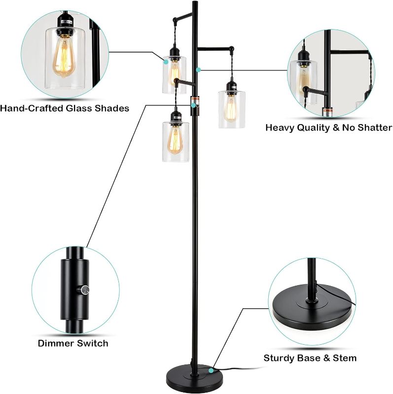 Photo 1 of ****DAMAGED TO A LIGHT****Airposta Industrial Floor Lamp with On/Off Dimmable Switch, 3-Head Rustic Tree Standing Lamp, Edison Bulb 40W Retro Tall Glass Floor Light for Living Room, Reading, Office, Bedroom, Black
