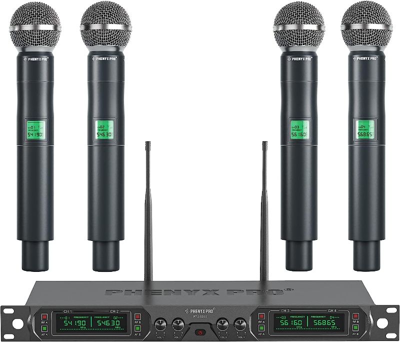 Photo 1 of \Phenyx Pro Wireless Microphone System, 4-Channel UHF Wireless Mic, Fixed Frequency Metal Cordless Mic with 4 Handheld Dynamic Microphones, 260ft Range, Microphone for Singing,Church(PTU-5000-4H)
