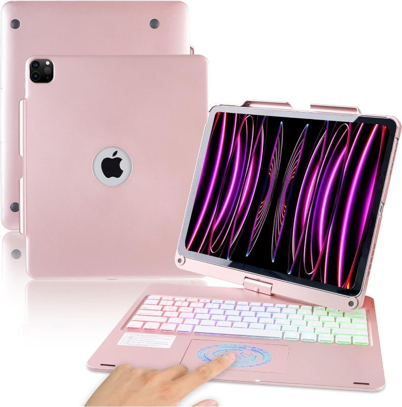 Photo 1 of iPad Touch Keyboard Case for iPad Pro 12.9" 6th Gen 2022, Wireless 360 Rotatable with Touchpad Rainbow Backlights Compatible with iPad Pro 12.9 inch 6th,5th,4th,3rd Gen (Rose Gold)