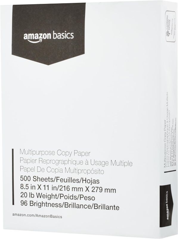 Photo 1 of Amazon Basics Multipurpose Copy Printer Paper, 20 Pound, White, 96 Brightness, 8.5 x 11 Inch, 1 Ream , 500 Sheets Total