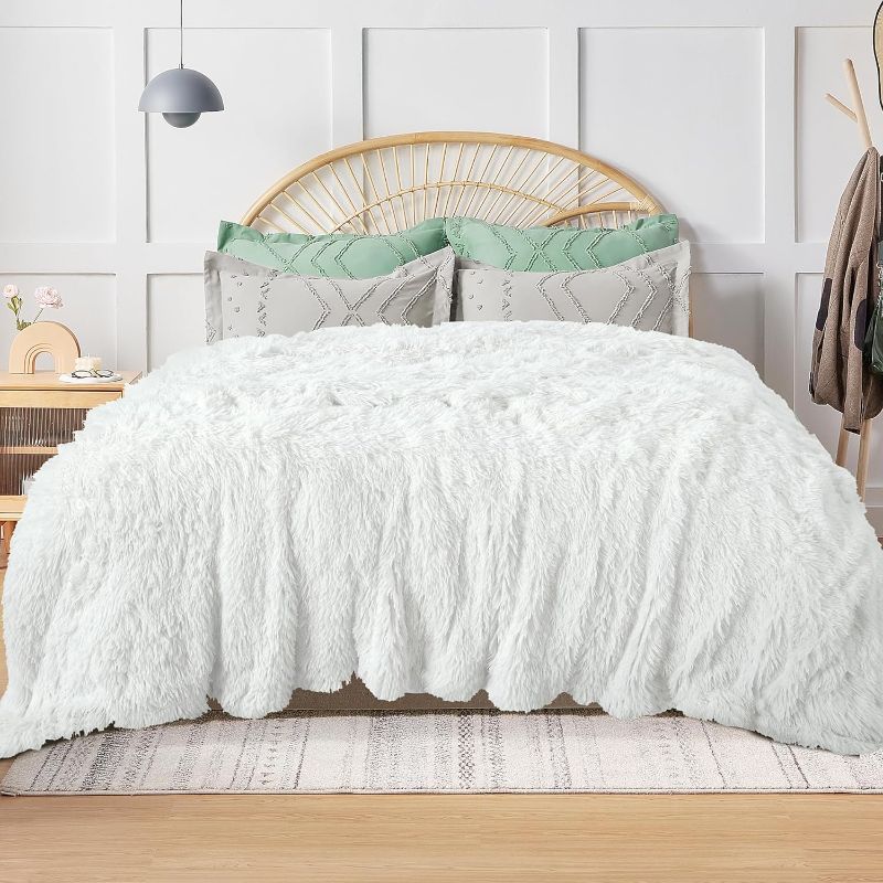 Photo 1 of  Reversible Soft Fluffy Faux Fur Blanket Queen Size 80x90 Inches, Decorative Solid Plush Fuzzy Cozy Comfy Microfiber Fleece Furry Shaggy Thick Warm Blanket for Couch Sofa Bed, Pure White