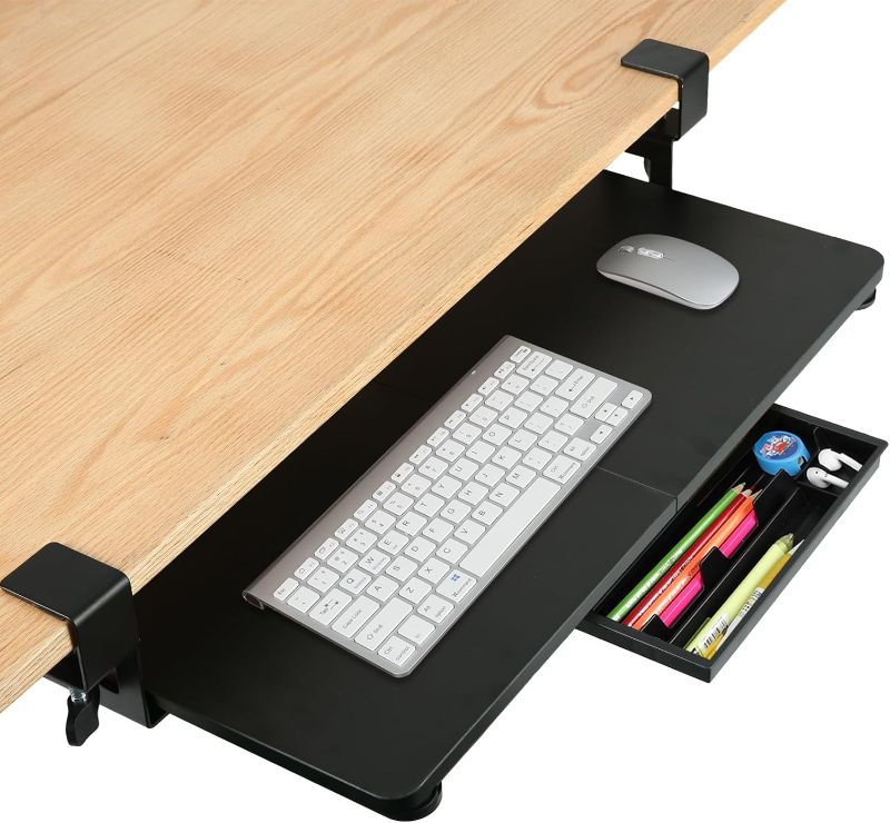 Photo 1 of Desktop Keyboard Tray, Pull-Out Under The Table, 26.77 "X 11.81" Large-Sized Keyboard Tray, C-Shaped Lip Holder, Easy to Install, Suitable for Home Learning and Office Use(Black)