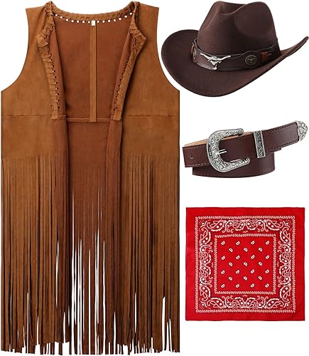 Photo 1 of Hercicy Western Outfits for Women Cowgirl Tassel Sleeveless Vest Cowboy Hat Belt and Paisley Bandana for Halloween Dress Up