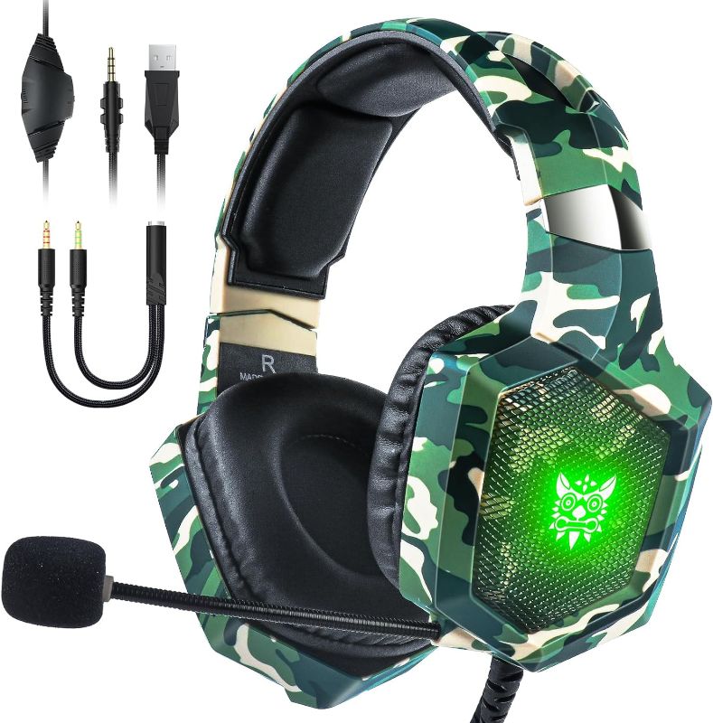 Photo 1 of Gaming Headset with Microphone, Gaming Headphones for PS4 PS5 Xbox One PC with LED Lights, Playstation Headset with Noise Reduction 7.1 Surround Sound Over-Ear and Wired 3.5mm Jack (Green)