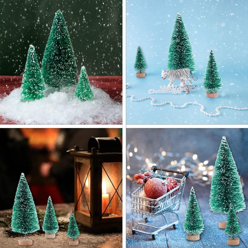 Photo 1 of 12 Pcs Mini Christmas Trees, 4 Sizes Miniature Pine Trees, Sisal Snow Trees with Wood Base, Artificial Christmas Bottle Brush Trees for DIY Fairy Garden, Xmas Party, Desktop Decor