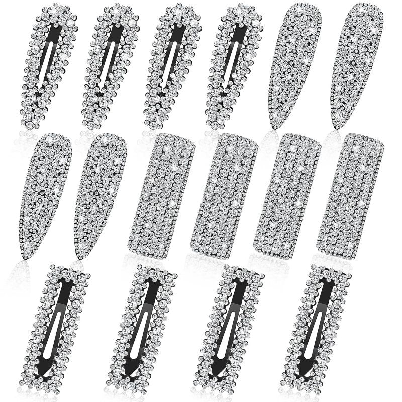 Photo 1 of 16 Pcs Rhinestone Snap Hair Clips Bridal Shower Hair Pins Diamond Hair Clips Silver Bling Hair Pins 3 Inches Large Snap Hair Clips for Women Girls Decorative Hair Accessories Wedding Hairpins