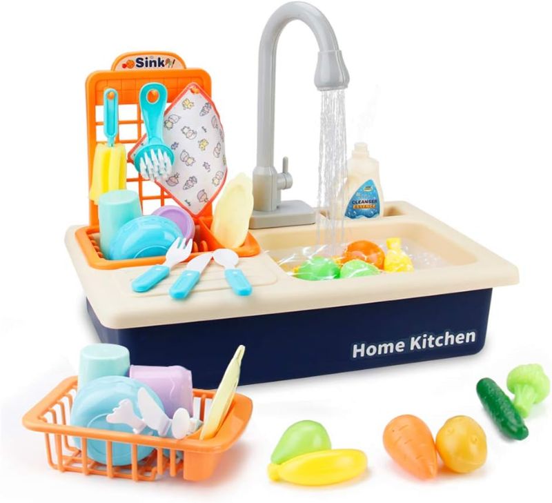 Photo 1 of BOBXIN Play Sink with Running Water, Kids Play Kitchen Toy Sink Electric Dishwasher, Pretend Role Play Kitchen Toys Set with Upgraded Working Faucet and Dishes Playset for Girls, Toddler and Boys
