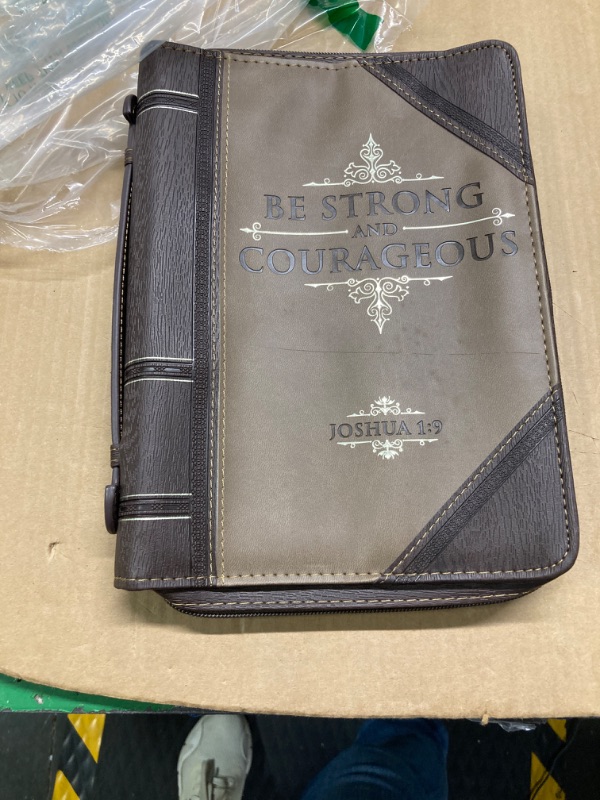 Photo 1 of Christian Art Gifts Men's Classic Bible Cover Be Strong and Courageous Joshua 1:9, Brown Faux Leather, Medium