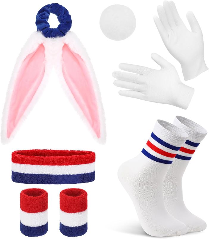 Photo 1 of Panitay 6 Pcs Halloween Bunny Rabbit Costume Kit Cotton Gloves Bunny Tails Striped Headband and Wristband Set Bunny Ears Hair Scrunchies Red White Blue Socks for Woman Girl Cosplay