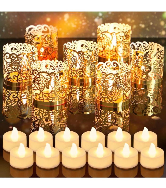 Photo 1 of  Led Votive Bulk Paper Candle Holders Tea Light Holder Flameless Battery Operated Decorative Wraps for Wedding Table Party (Gold)