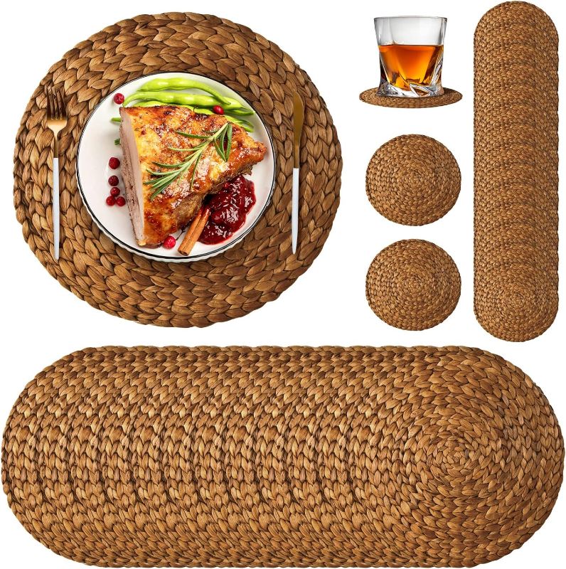 Photo 1 of 200 Disposable Woven Paper Placemats and Coasters Set Disposable Braided Rattan Pattern Paper Placemats Round Water Hyacinth Print Paper Placemats Farmhouse Table Placemats for Wedding Decoration