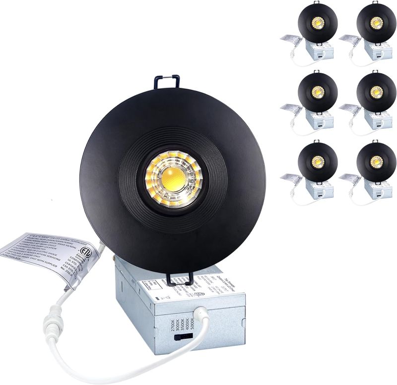 Photo 1 of Canless Recessed Gimbal Downlight Rotatable-Spotlight 5 CCT 4 Inch Eyeball Ceilling Potlight, Dimmable Lights Fixture with Junction Box, 8W CCT Adjustable, Black Round Trim, with Baffle, 6P