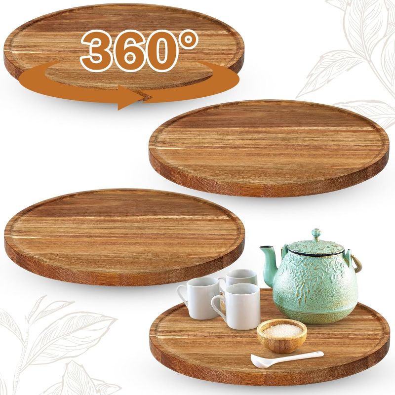 Photo 1 of 4 Pcs Acacia Wood Lazy Susan Organizers Lazy Susan Turntable for Cabinet Non Skid Kitchen Tray for Counter Pantry Spice Salt Pepper Olive Oil Table Organization and Storage (12 Inch)