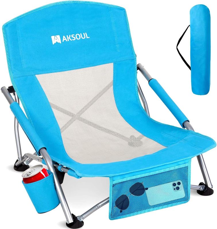 Photo 1 of AKSOUL Folding Beach Chair for Adults: Low/High Back Chairs with Carry Bag - Extra Wide Seat Chair with Comfortable Pillow & Storage Pocket (1 Pack & 2 Pack, Blue)
