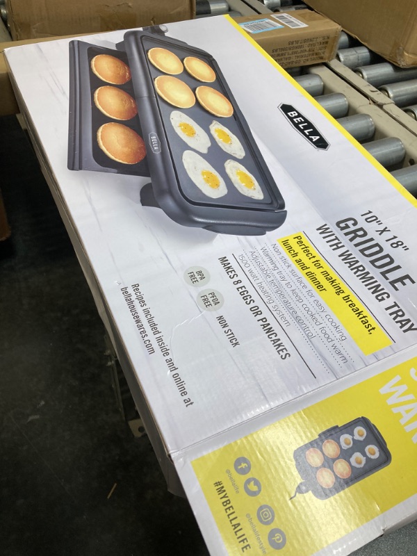 Photo 3 of *** MAJOR DAMAGED***
BELLA Electric Griddle w Warming Tray, Make 8 Pancakes or Eggs At Once, Fry Flip & Serve Warm, Healthy-Eco Non-stick Coating, Hassle-Free Clean Up, Submersible Cooking Surface, 10" x 18", Copper/Black