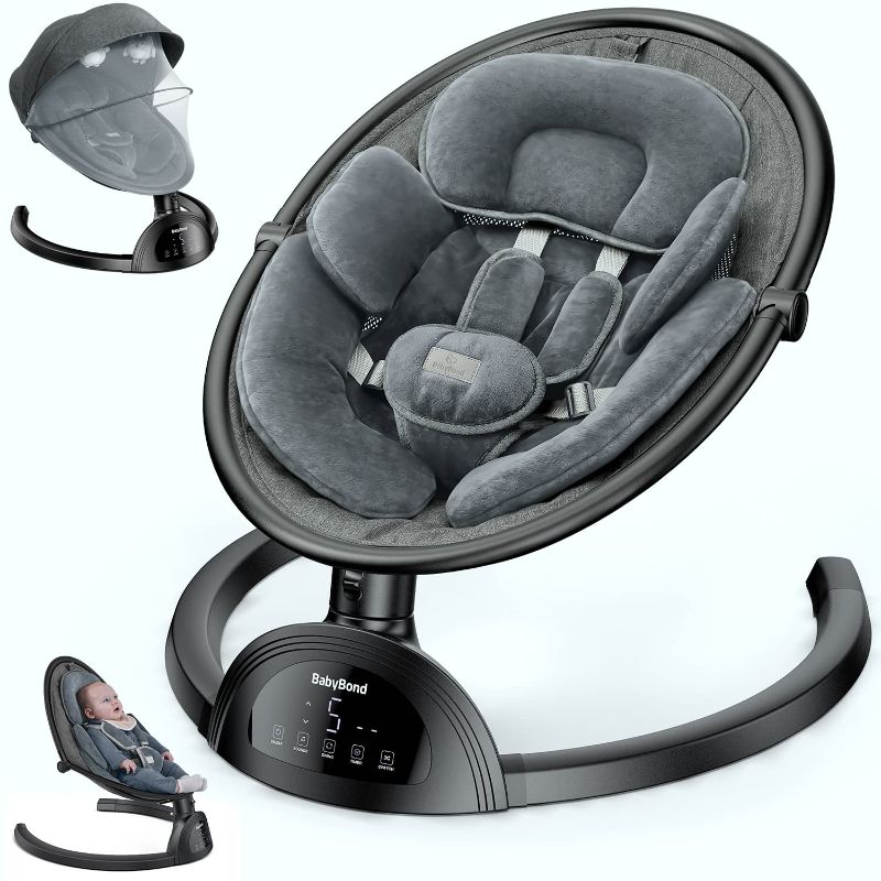 Photo 1 of Baby Swings for Infants, BabyBond Baby Swing, Infant Swing with Bluetooth Music Speaker, 3 Seat Positions, 5 Point Harness Belt, Remote Control - Portable Baby Swing for Indoor and Outdoor, Silver