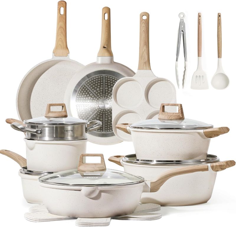 Photo 1 of ****HAS SCRATCHES**** CAROTE 21Pcs Pots and Pans Set, Nonstick Cookware Sets, White Granite Induction Cookware Non Stick Cooking Set w/Frying Pans & Saucepans(PFOS, PFOA Free)