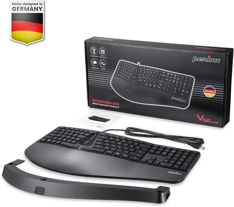 Photo 1 of 
Perixx PERIBOARD-330B, Wired Ergonomic Keyboard with Adjustable Wrist Rest, Illuminated Keys, and Membrane Low Profile Keys, 2 Extra USB Ports, US English Layout
