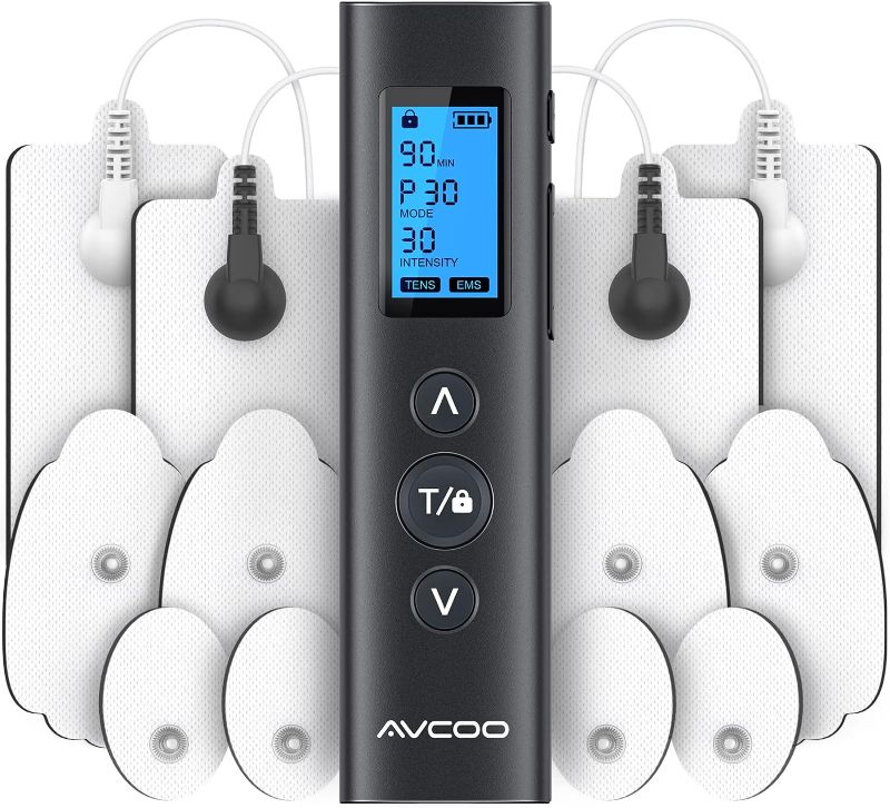 Photo 1 of AVCOO 30 Modes TENS EMS Unit Compact Muscle Stimulator for Pain Relief, Rechargeable & Portable Dual Channel EMS Muscle Stimulator with 30 Intensity Levels and 12 Electrode Tens Unit Replacement Pads 