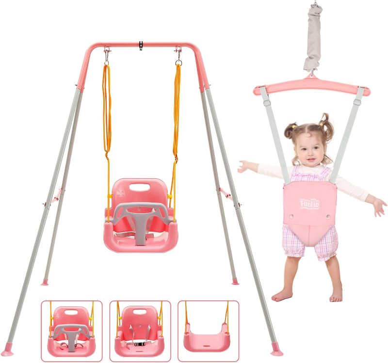 Photo 1 of FUNLIO 2 in 1 Swing Set for Toddler & Baby Jumper, Heavy Duty Kids Swing & Bouncer with 4 Sandbags, Foldable Metal Stand for Indoor/Outdoor Play, Easy to Assemble and Store - Pink 