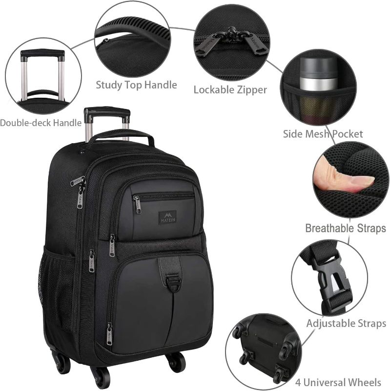 Photo 1 of 
MATEIN Rolling Backpack with 4 Wheels, 17 inch Roller Travel Laptop Backpack for Women Men, Large Wheeled Backpacks Water Resistant Business Carry on Luggage, Airline Approved Suitcase Bag, Black
