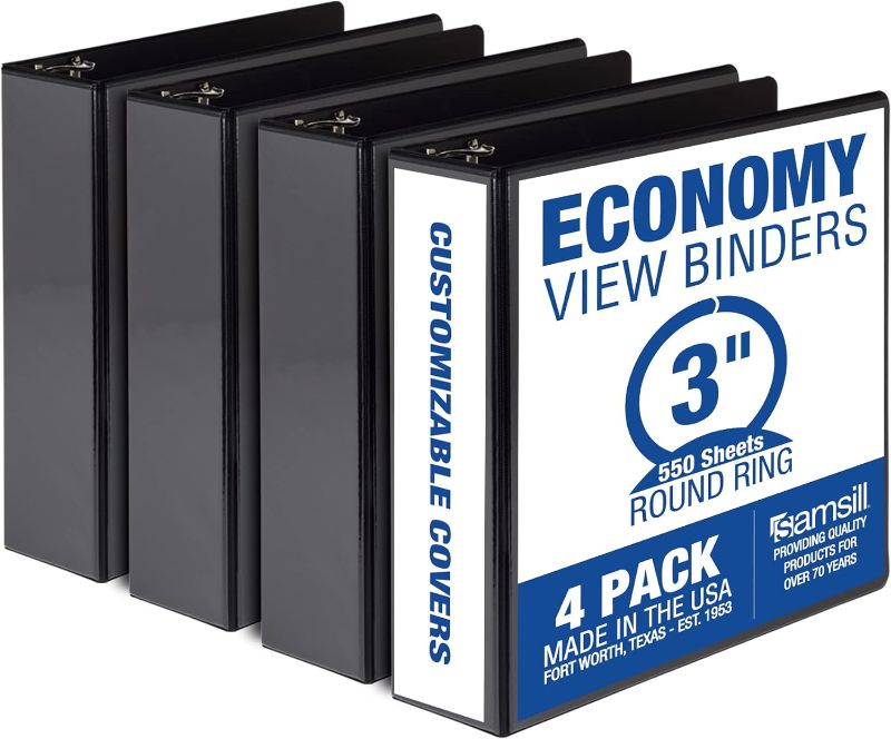 Photo 1 of Cardinal Economy 3 Ring Binder, 1 Inch, Presentation View, Black, Holds 225 Sheets, Nonstick, PVC Free, 4 Pack of Binders (79512)
