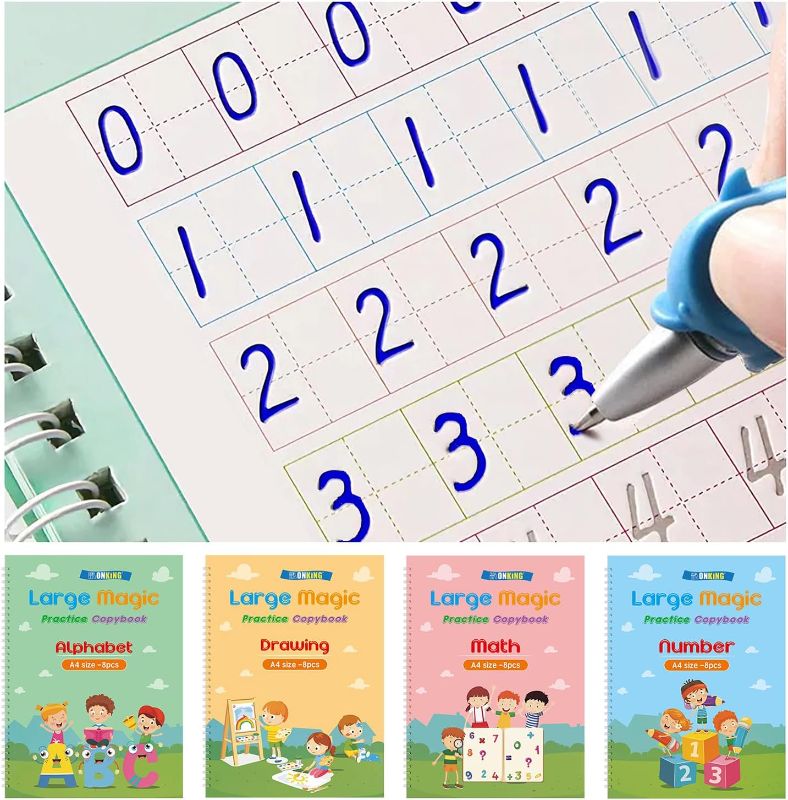 Photo 1 of Monking 4Pc Large Magic Practice Copybook for Kids,Handwriting Practice Book 4 Pack with Pen Refill English Cursive Calligraphy Reusable Age 3-8 ?11.4x8.3Inch (4pc+2 pen)