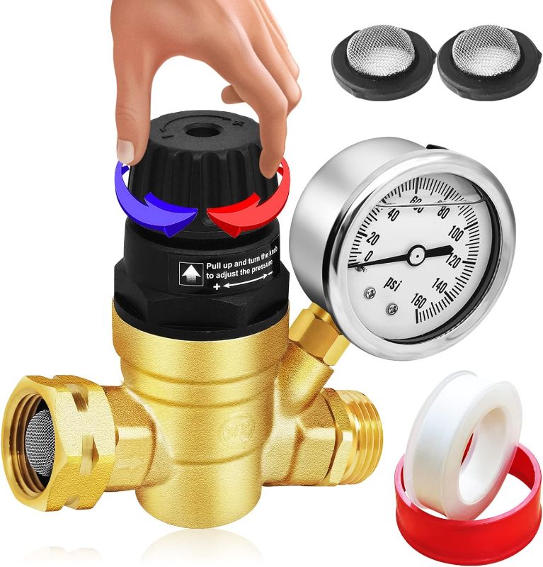 Photo 1 of Boltigen RV Water Pressure Regulator with Gauge, 3/4'' GHT Lead-Free Brass Fresh Water Hose Pressure Reducer Valve, Adjustable Water Pressure Regulator for RV Camper Black