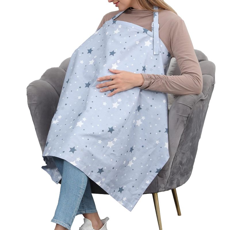 Photo 1 of Cotton Nursing Cover for Breastfeeding - Multipurpose Breathable Mother Breastfeeding Cover (Dusty Blue Star)