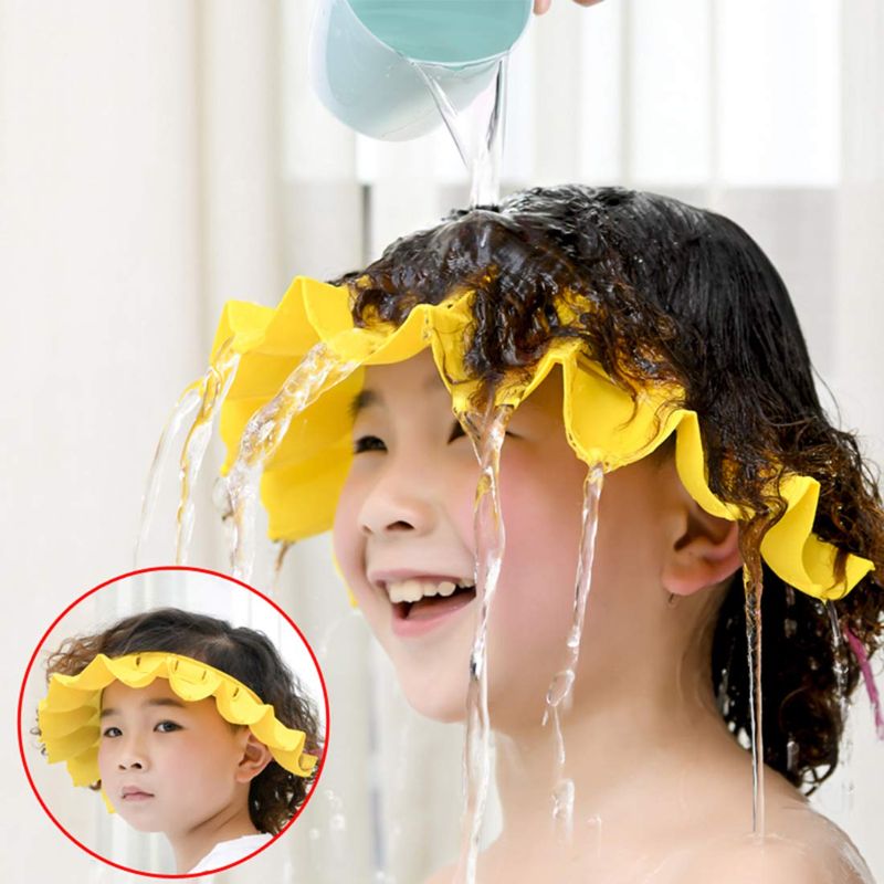 Photo 1 of Baby Shower Cap Silicone Bathing Hat, Adjustable Shower Cap Kids, Infants Soft Protection Hat Safety Visor Cap Hat for Toddler Children (Yellow, Big Size(1-12 Years old/16.5-22.8 Inches))
