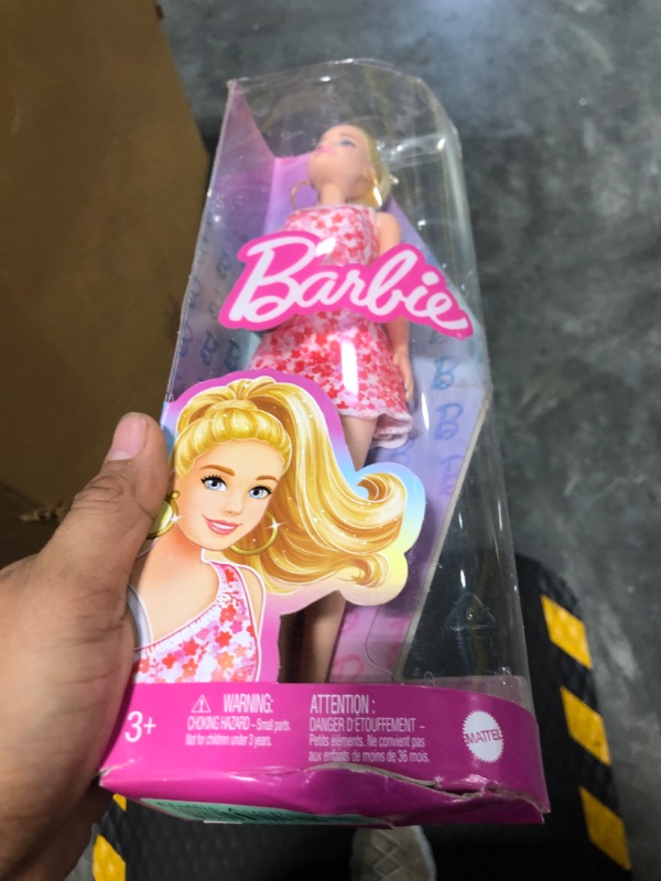 Photo 1 of Barbie Fashionistas Doll #205 with Blond Ponytail, Wearing Pink and Red Floral Dress, Platform Sandals and Hoop Earrings