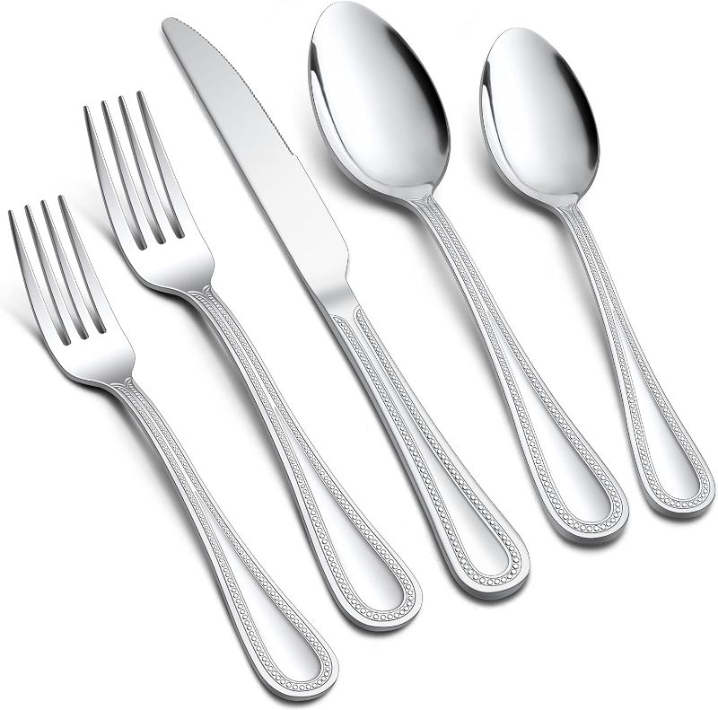 Photo 1 of E-far 60-Piece Silverware Set for 12, Stainless Steel Flatware Cutlery Set with Pearled Edge, Include Forks Spoons and Knives, Modern Tableware Eating Utensils for Kitchen Restaurant, Dishwasher Safe