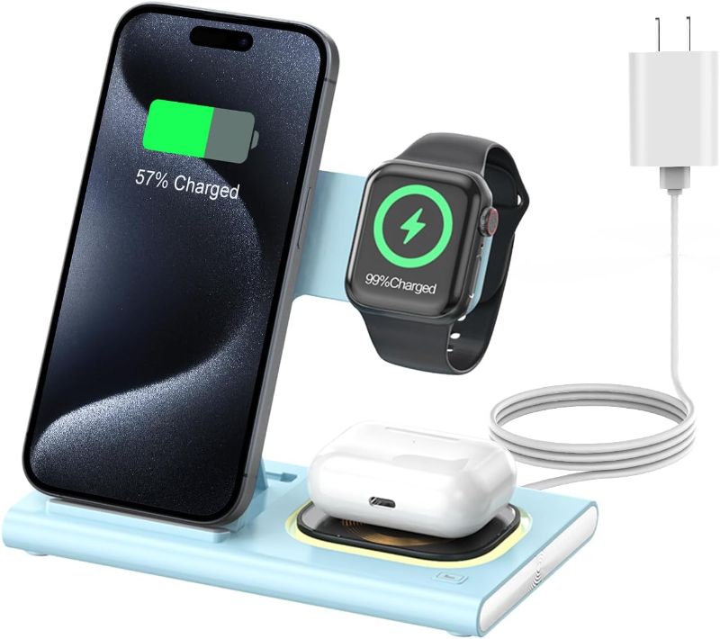 Photo 1 of 3 in 1 Foldable Charging Station for Apple Products,Fast Wireless Charger Travel Dock Adapter&Light for iPhone 15/14/13/12/11/X/XS/XR 8,iWatch Ultra 2/9/Ultra/8/7/6/SE/5/4/3,Air pods 3/2/Pro/2 (Blue)