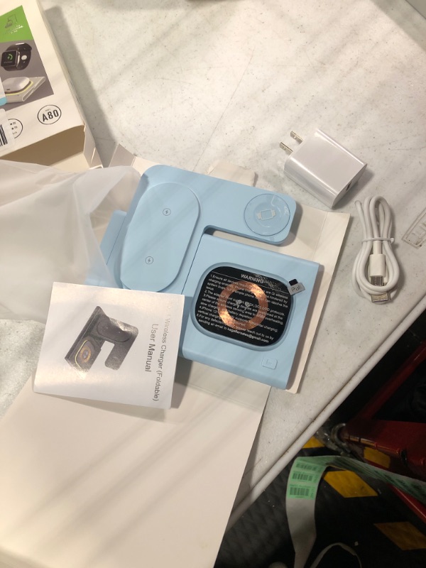 Photo 1 of 3 in 1 Foldable Charging Station for Apple Products,Fast Wireless Charger Travel Dock Adapter&Light for iPhone 15/14/13/12/11/X/XS/XR 8,iWatch Ultra 2/9/Ultra/8/7/6/SE/5/4/3,Air pods 3/2/Pro/2 (Blue)
