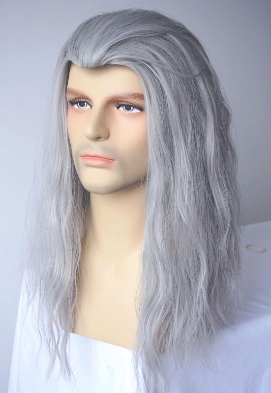 Photo 1 of Grey wig for men, The witcher costume synthetic curly wig costume wig for Halloween costume party (GreyC)
